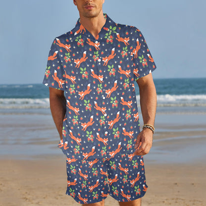 Fox Strawberry Print Pattern Men's Beach Shirt and Shorts Set