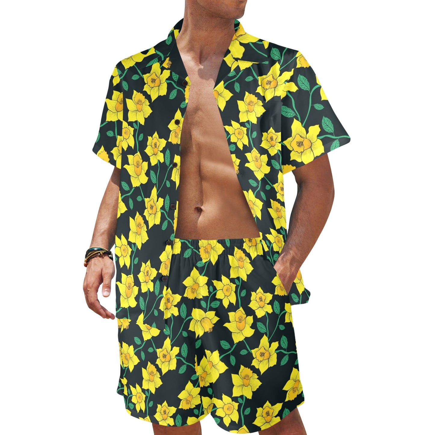 Daffodils Pattern Print Design DF03 Men's Beach Shirt and Shorts Set