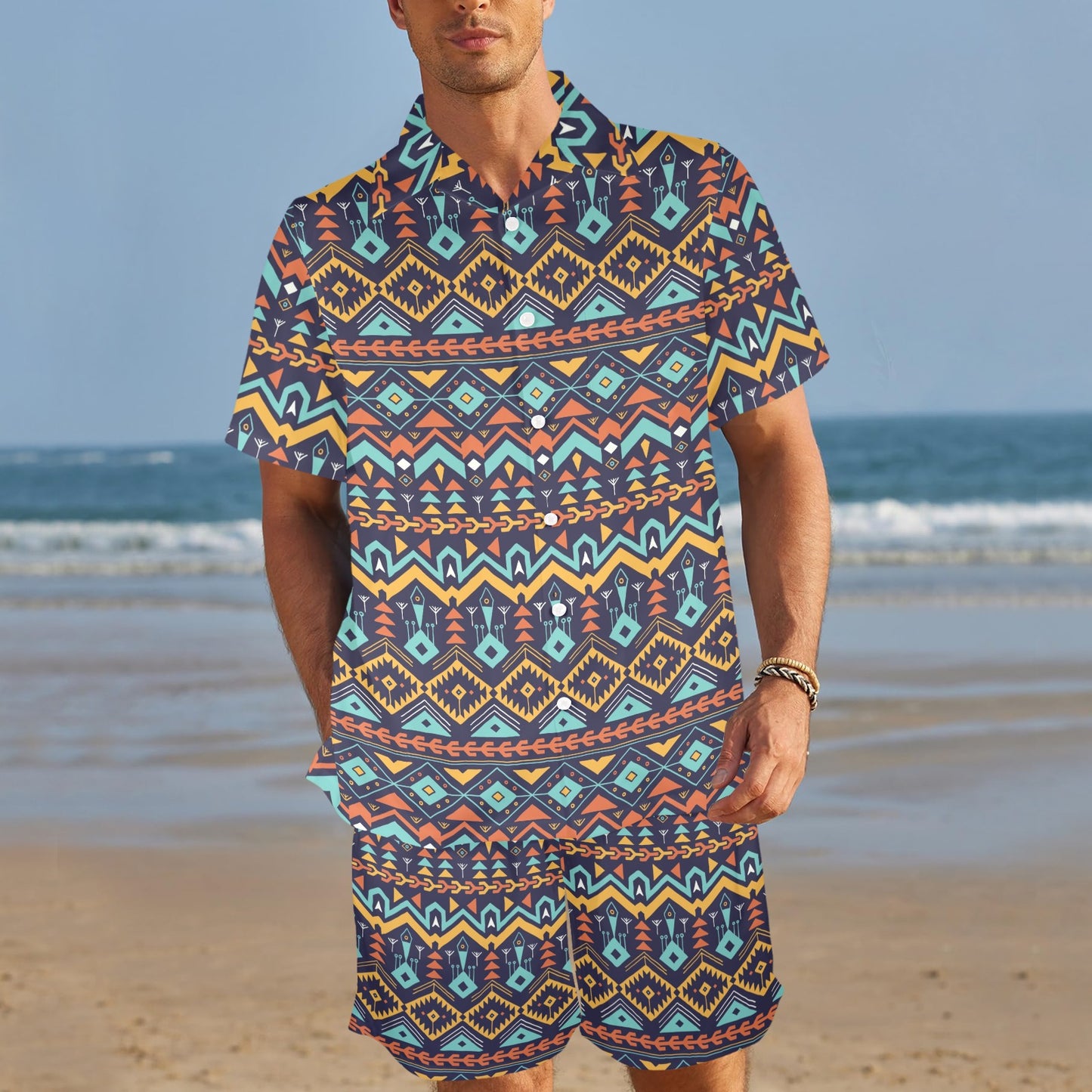 Aztec Style Print Pattern Men's Beach Shirt and Shorts Set