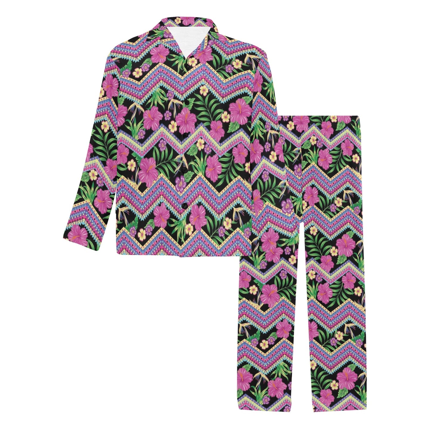 Hibiscus Pink Zigzag Line Pattern Design LKS307 Men's Long Pajama Set