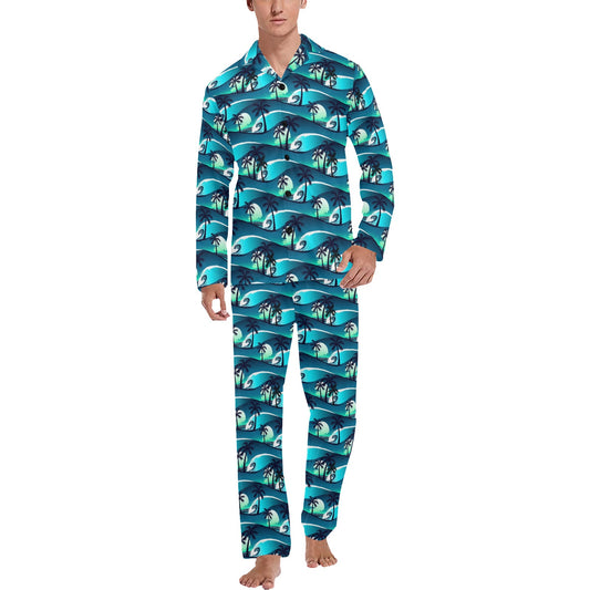 Beach Wave Design Print Men's Long Pajama Set