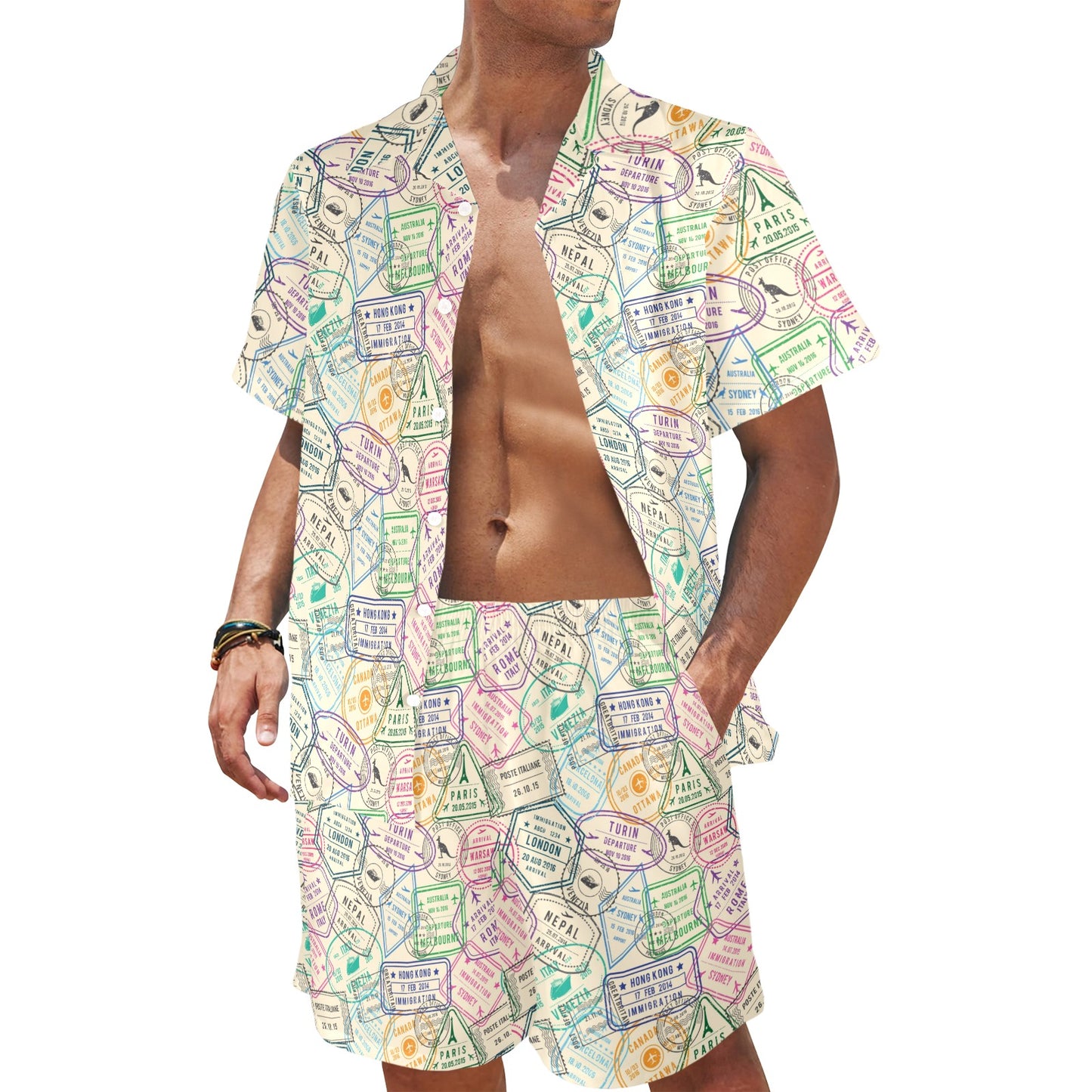 Travel Stamp Print Design LKS303 Men's Beach Shirt and Shorts Set