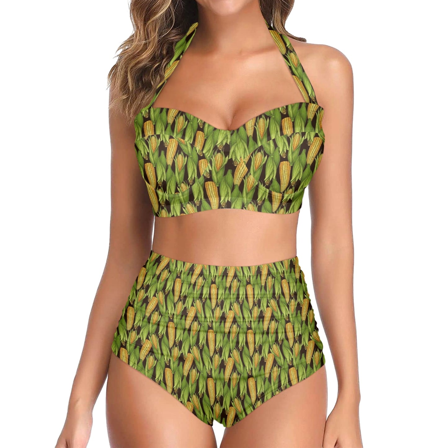 Agricultural Corn cob Print Halter Neck Bikini Swimsuit