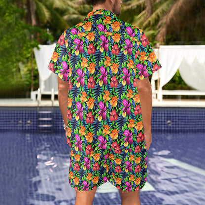 Tropical Folower Colorful Print Men's Beach Shirt and Shorts Set
