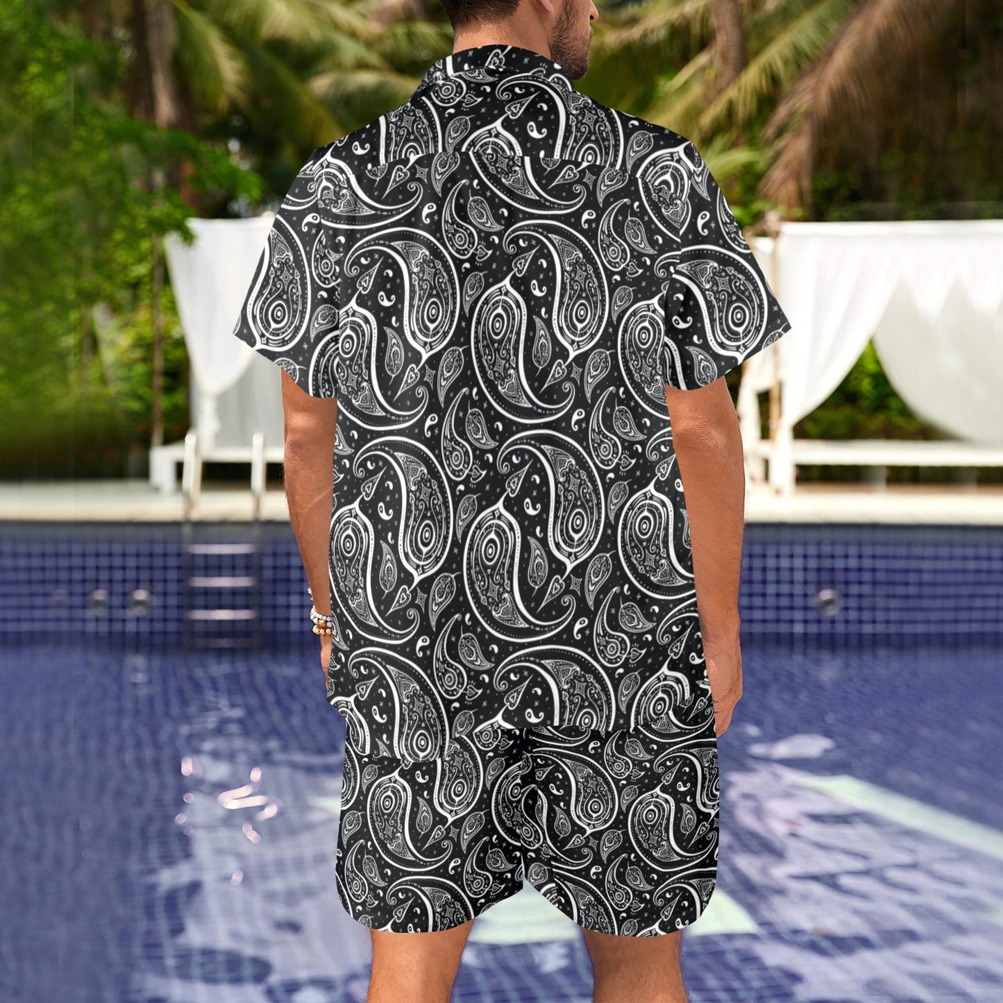 Paisley Black Design Print Men's Beach Shirt and Shorts Set
