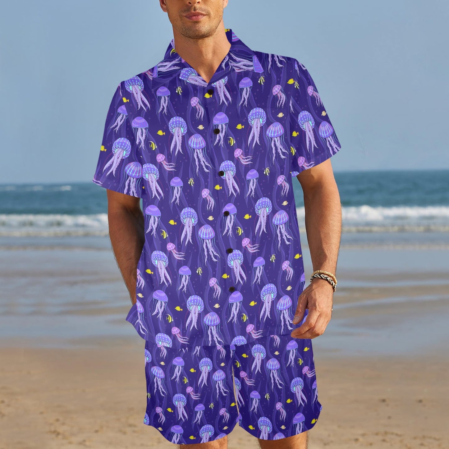 Jellyfish Style Print Men's Beach Shirt and Shorts Set