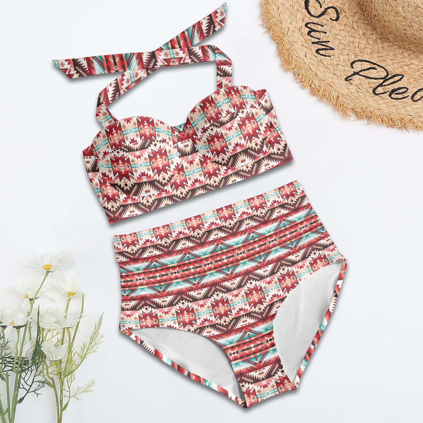Aztec Western Style Print Pattern Halter Neck Bikini Swimsuit