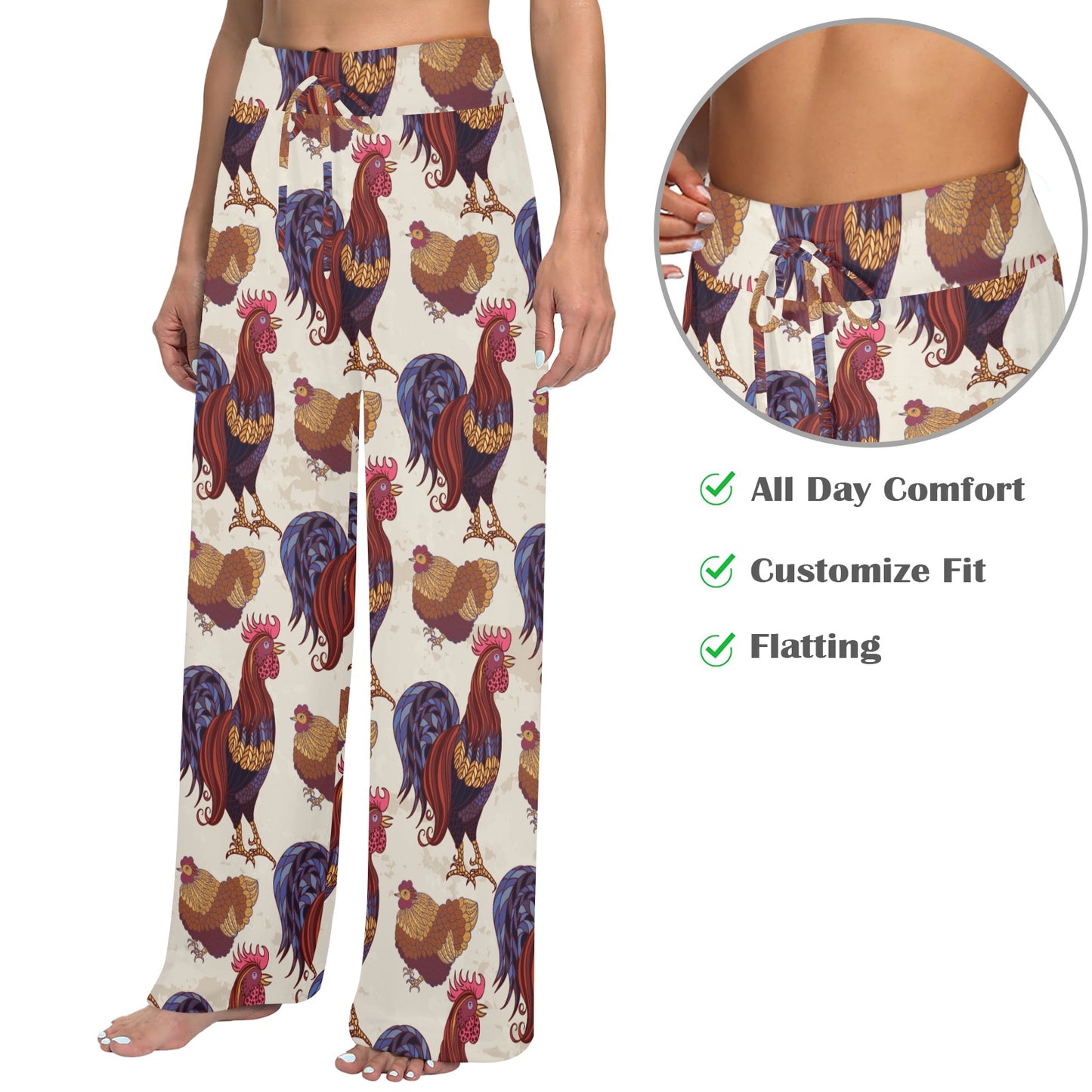 Rooster Pattern Print Design A03 Women's Wide Leg Lounge Pants