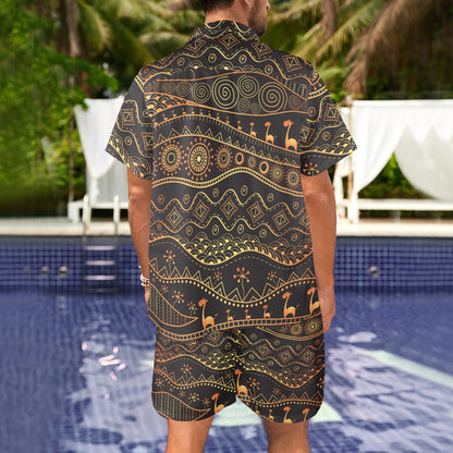 Gold African Design Men's Beach Shirt and Shorts Set