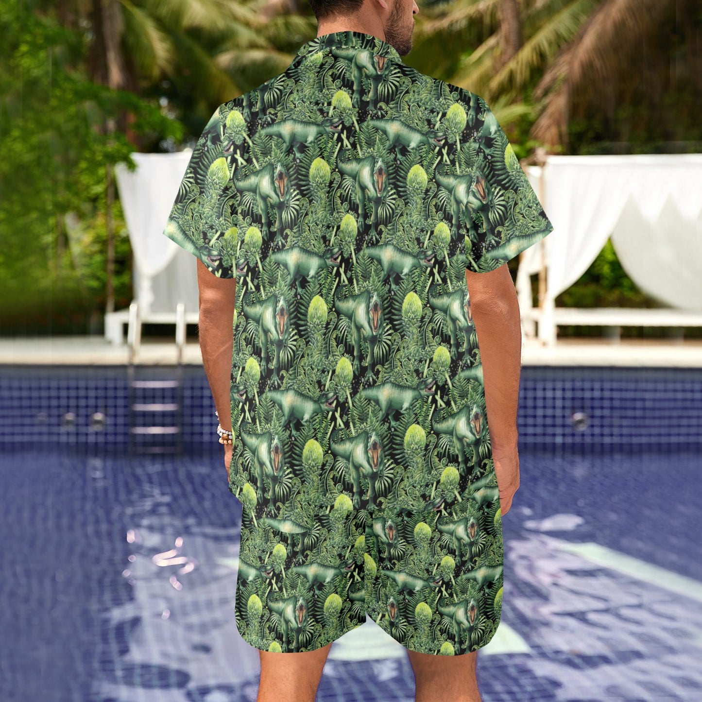 Dinosaur T Rex Print Pattern Men's Beach Shirt and Shorts Set