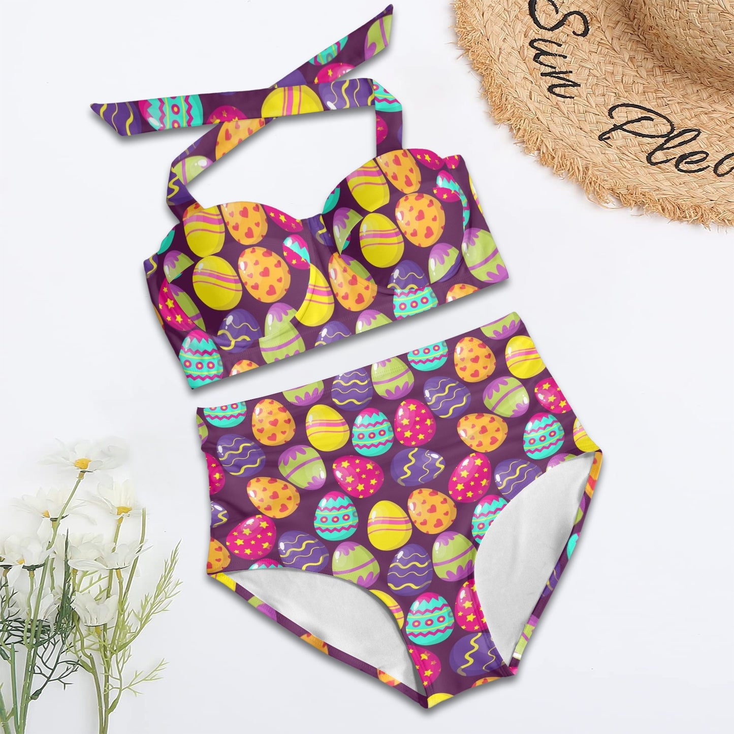 Easter Eggs Pattern Print Design RB04 Halter Neck Bikini Swimsuit