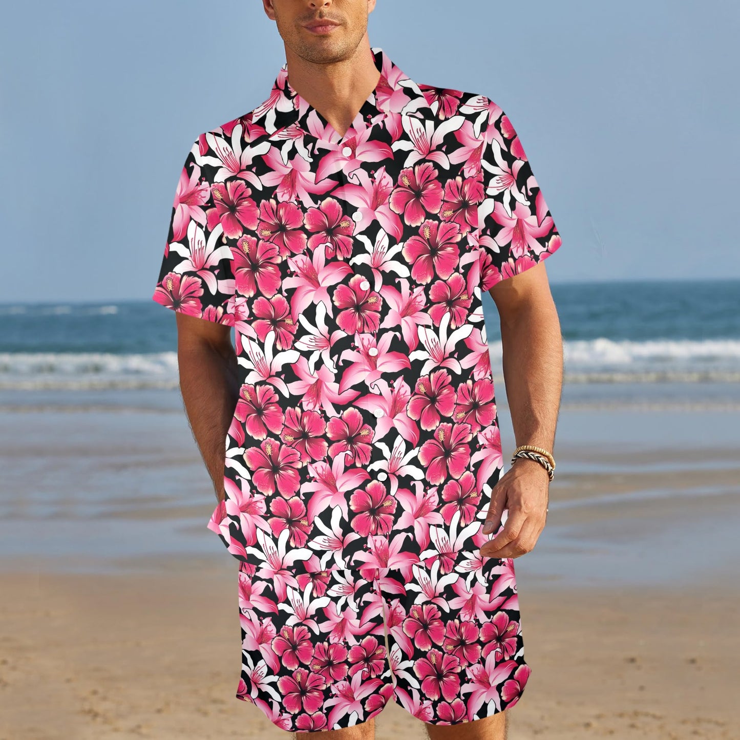 Flower Hawaiian Pink Red Hibiscus Print Men's Beach Shirt and Shorts Set
