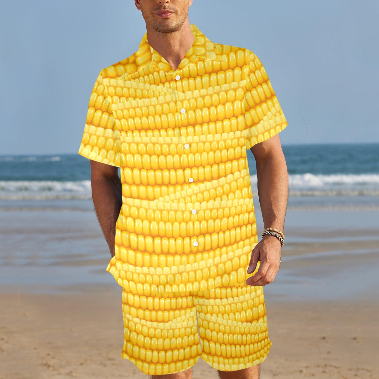 Agricultural Corn cob Pattern Men's Beach Shirt and Shorts Set