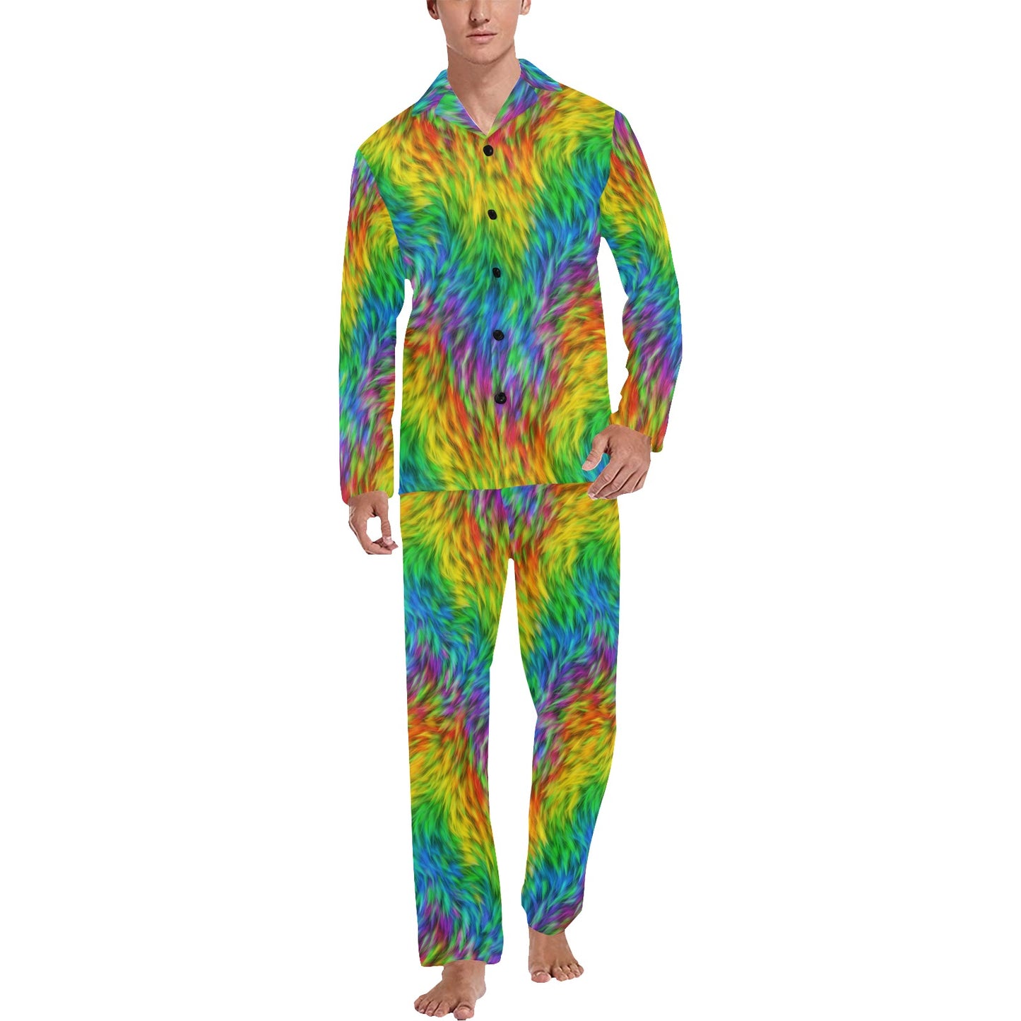 Rainbow Fur Design Print Men's Long Pajama Set