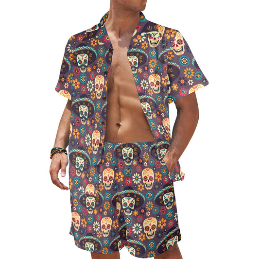 sugar skull Maxican Pattern Men's Beach Shirt and Shorts Set