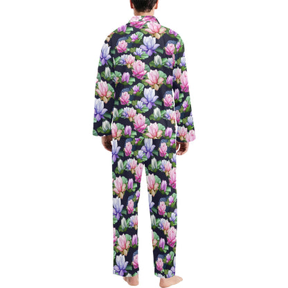 Lotus Flower Print Design Men's Long Pajama Set