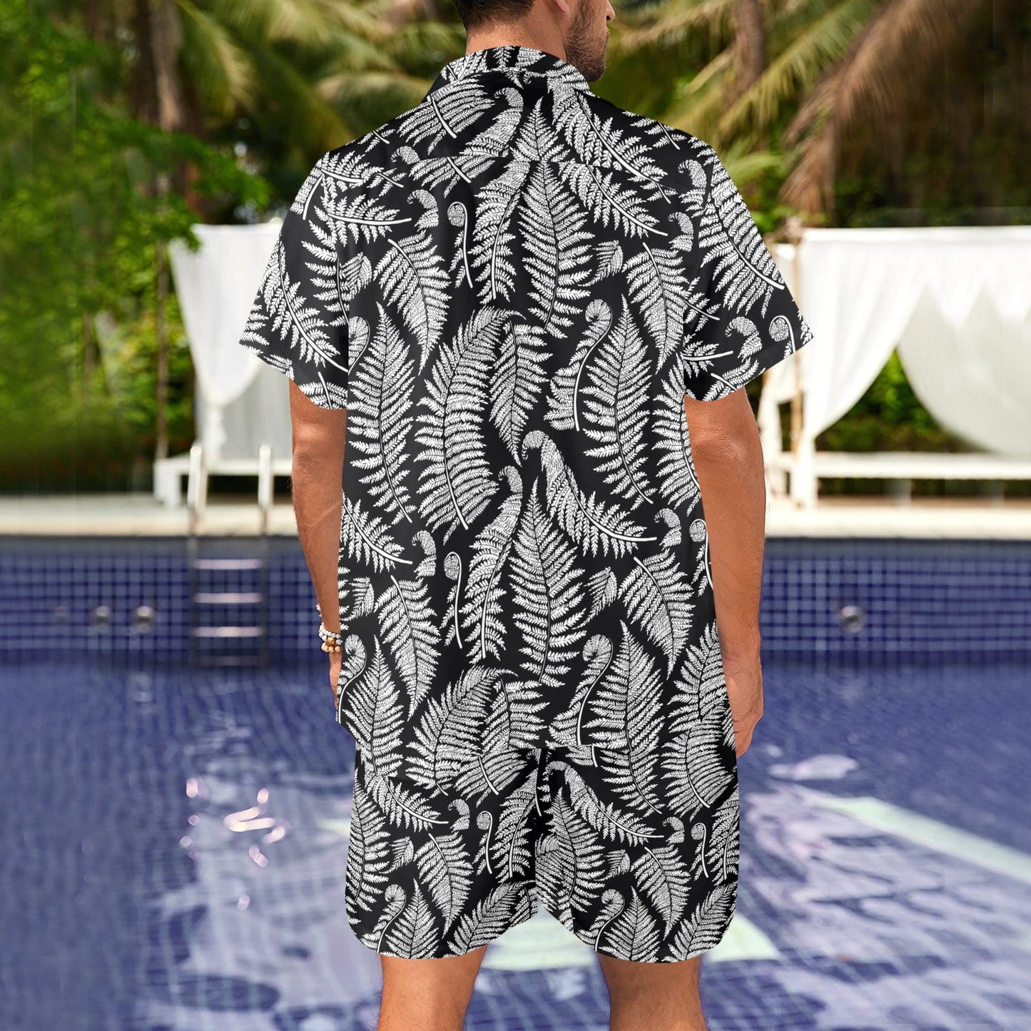 Fern Leave Black White Print Pattern Men's Beach Shirt and Shorts Set