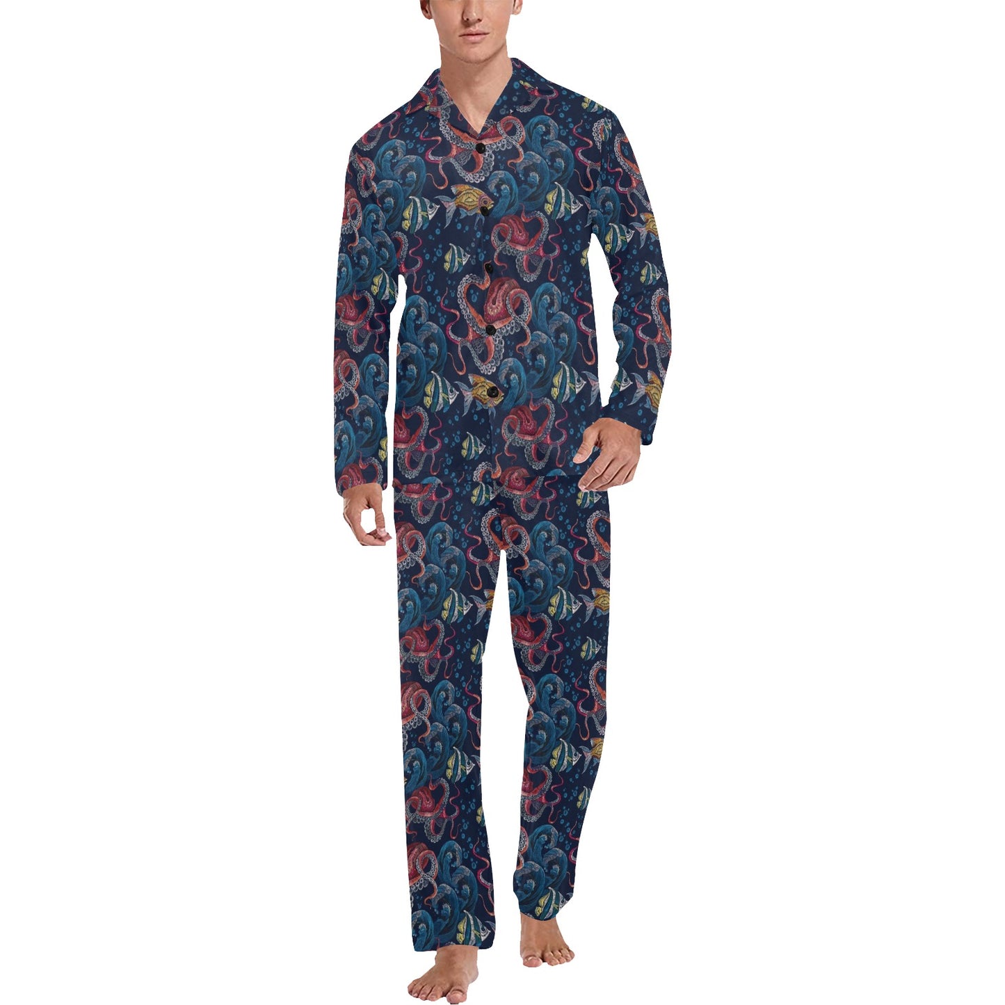 Octopus Deep Sea Print Themed Men's Long Pajama Set