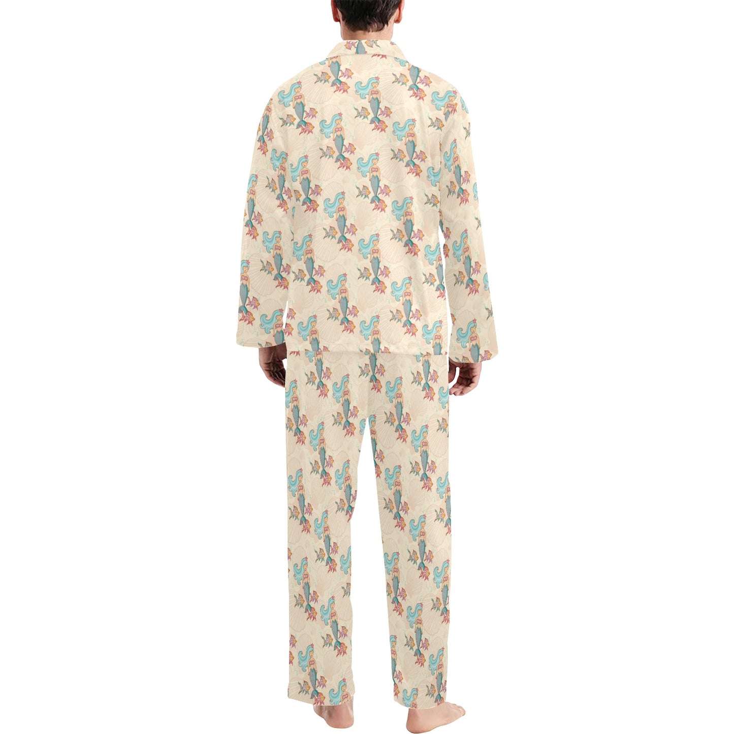 Mermaid Girl With Fish Design Print Men's Long Pajama Set