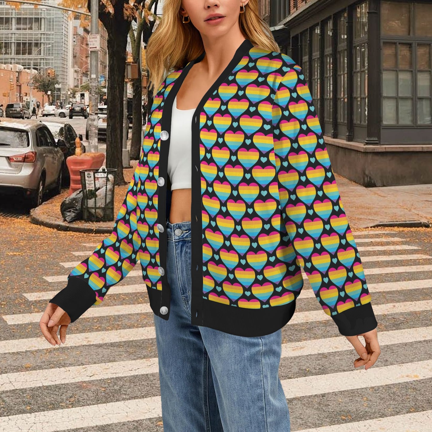 Rainbow Heart Print Pattern Women's Cardigan