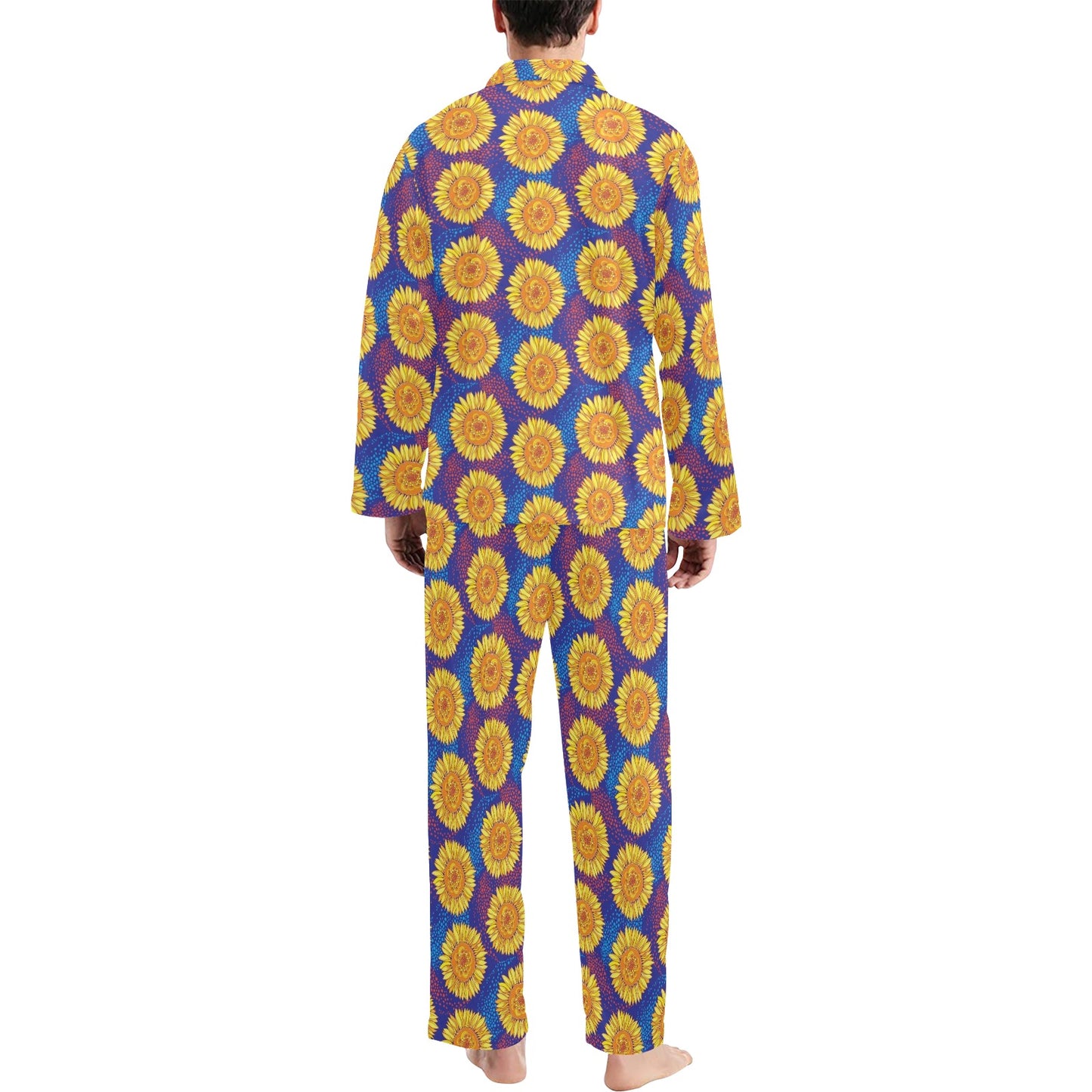 Sunflower Hand Drawn Style Print Men's Long Pajama Set