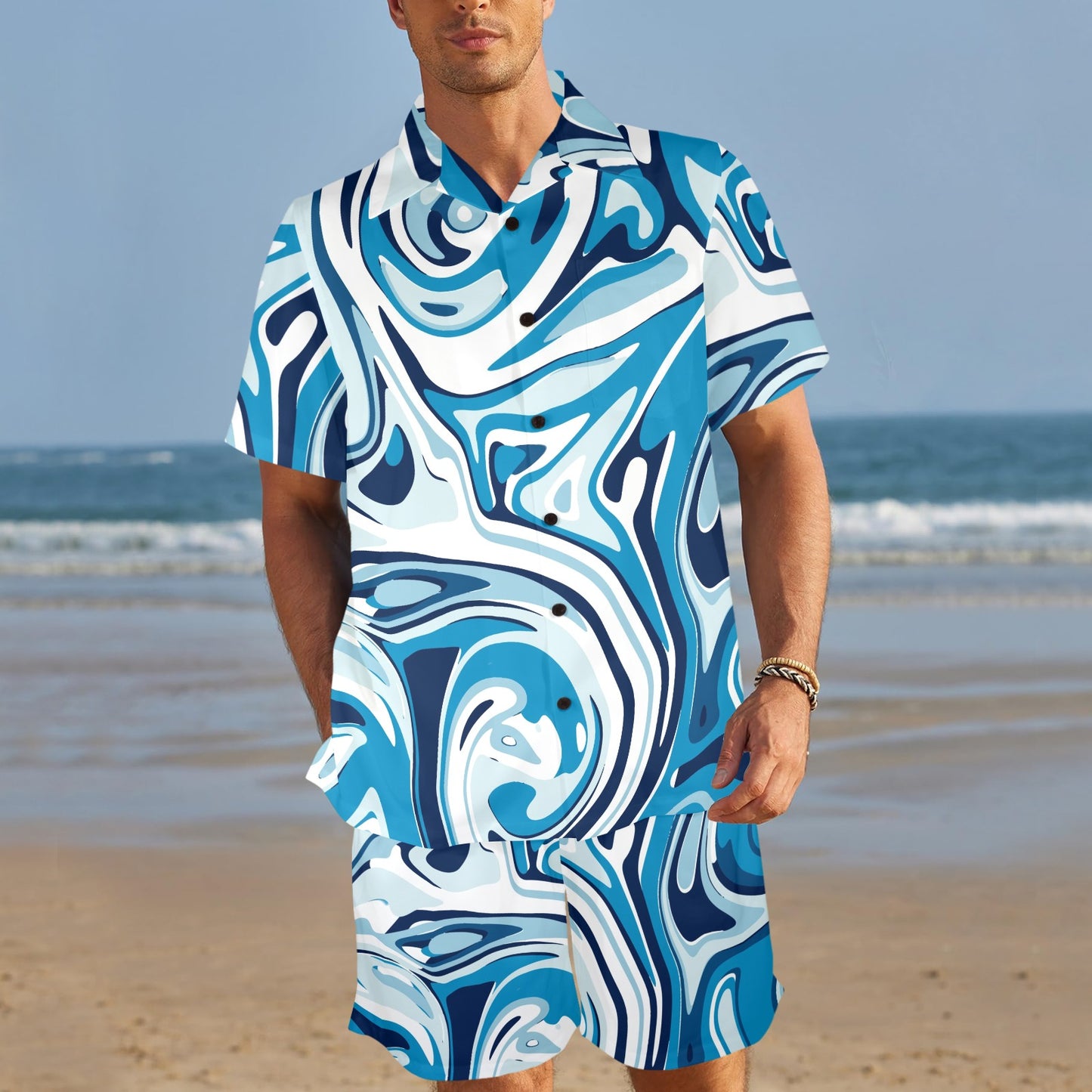 Liquid Pattern Print Design 05 Men's Beach Shirt and Shorts Set