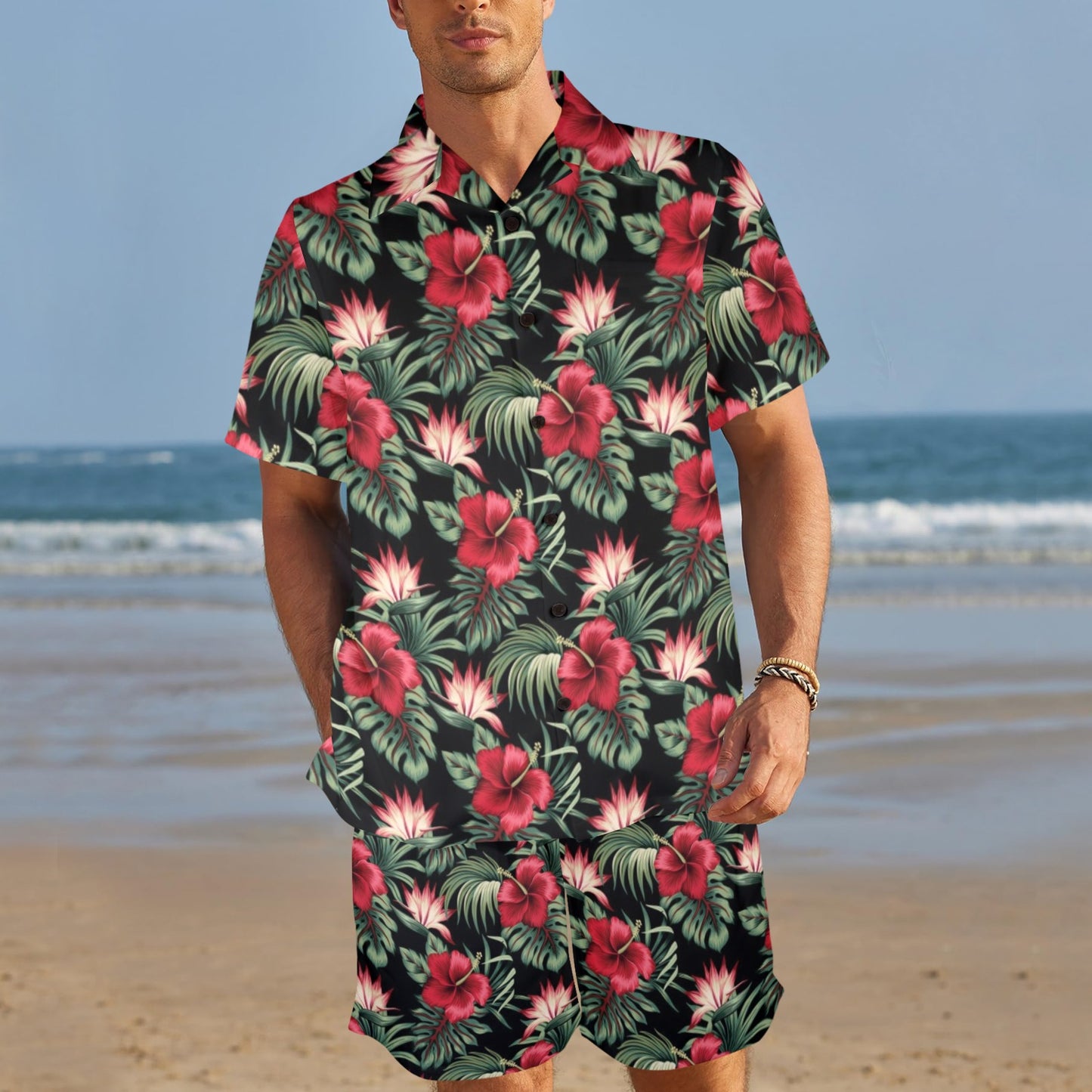 Flower Hawaiian Red Hibiscus Design Print Men's Beach Shirt and Shorts Set