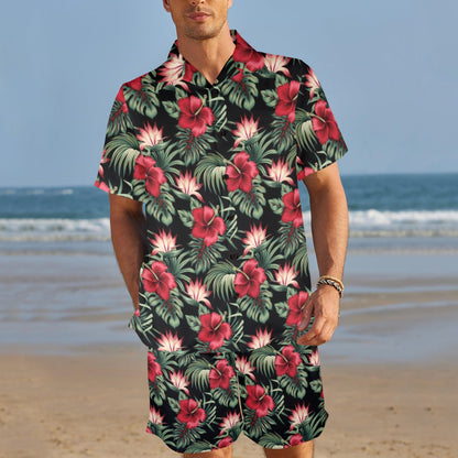 Flower Hawaiian Red Hibiscus Design Print Men's Beach Shirt and Shorts Set