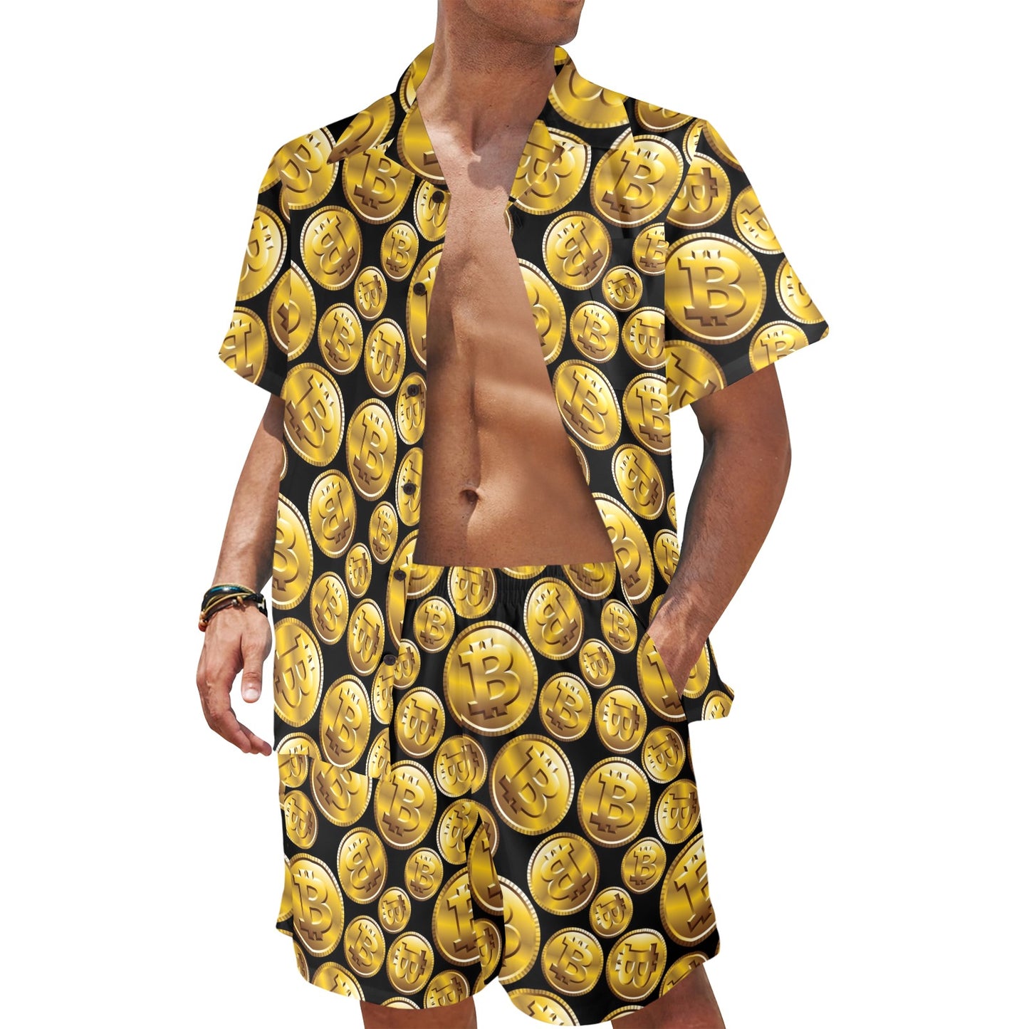 Bitcoin Pattern Print Design DO05 Men's Beach Shirt and Shorts Set