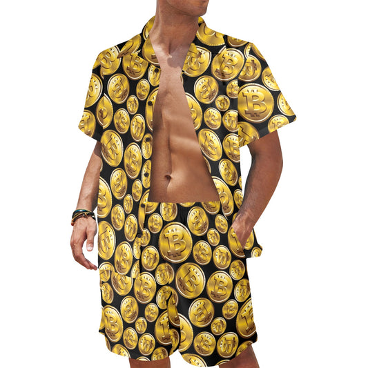 Bitcoin Pattern Print Design DO05 Men's Beach Shirt and Shorts Set