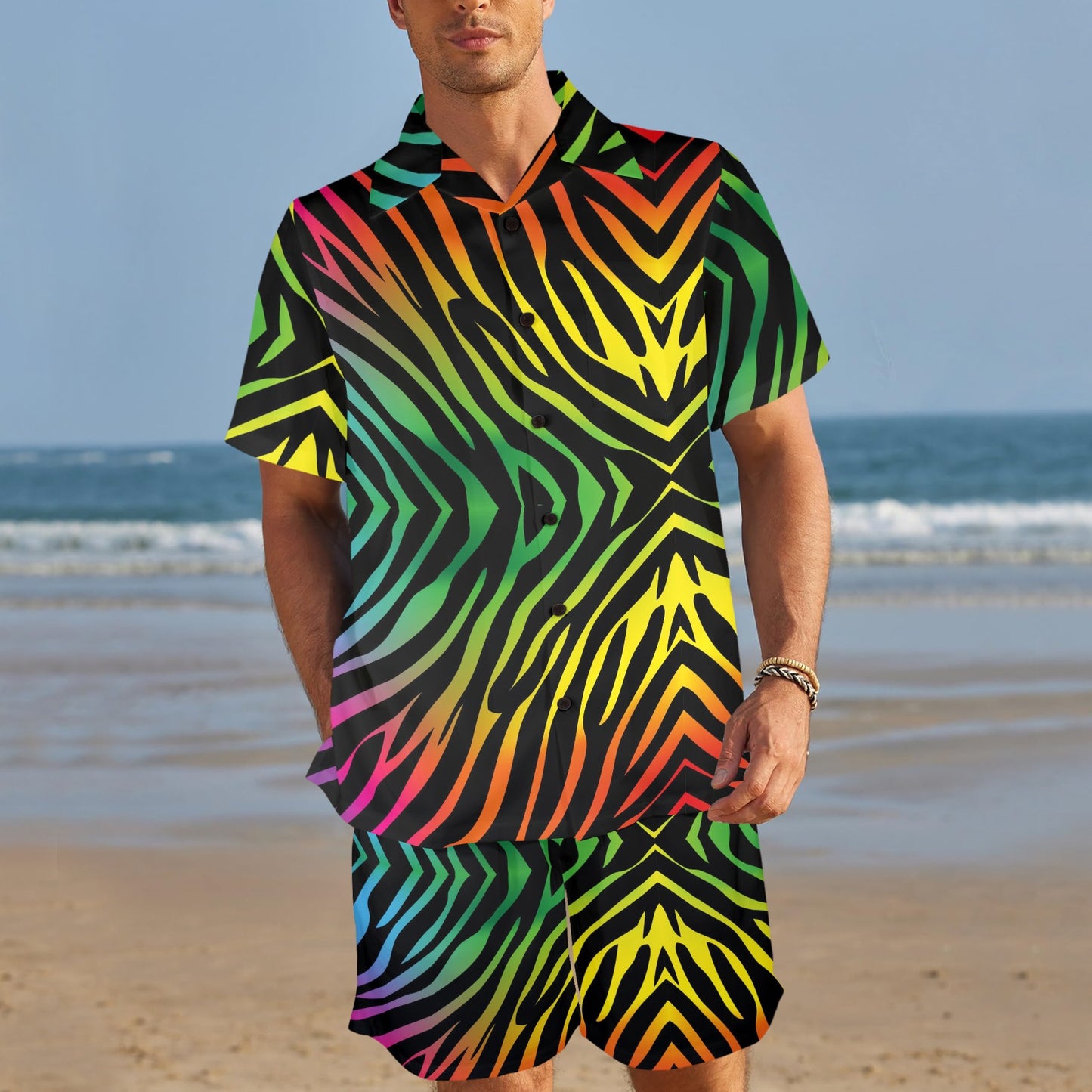 Rainbow Zebra Themed Print Men's Beach Shirt and Shorts Set
