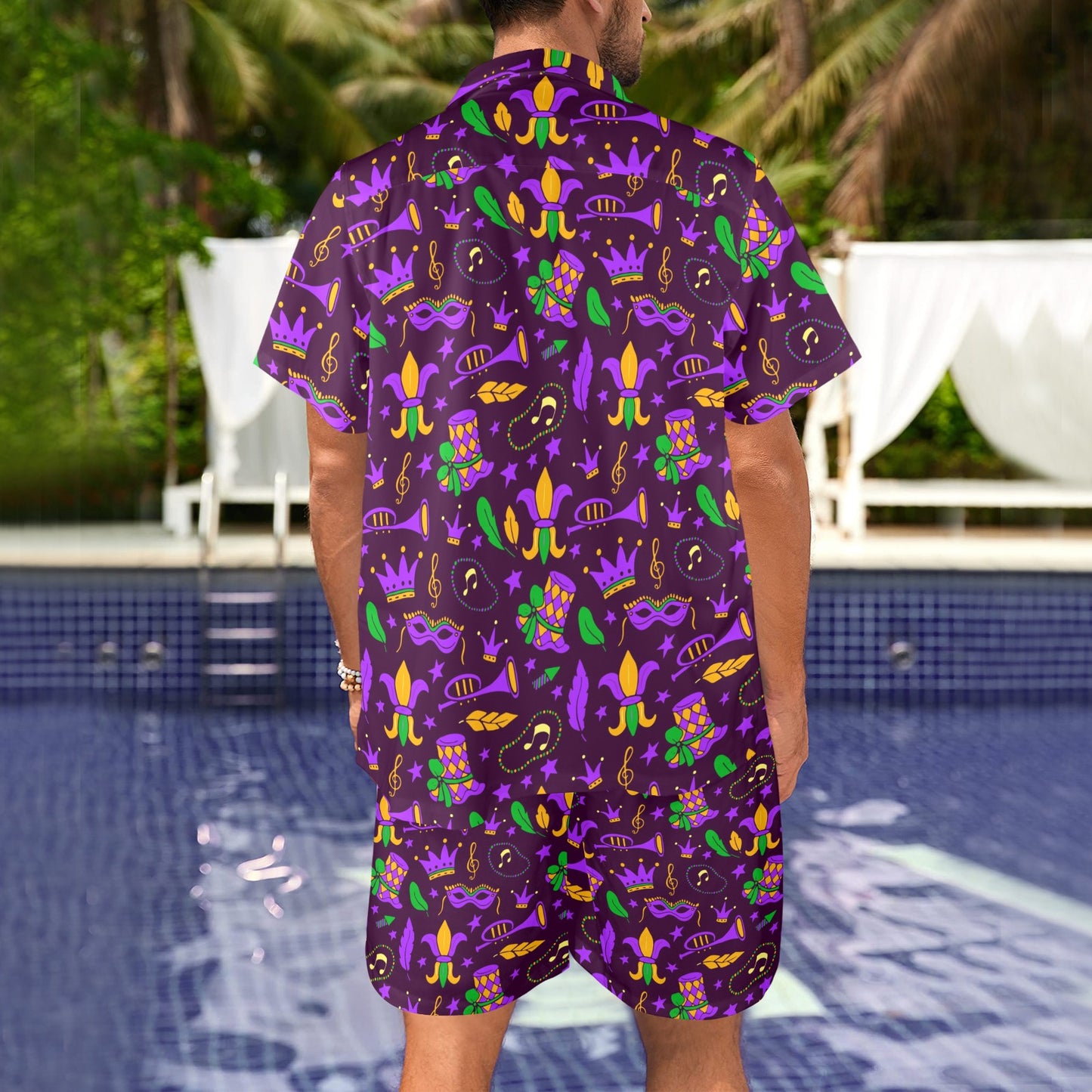 Mardi Gras Pattern Print Design 08 Men's Beach Shirt and Shorts Set