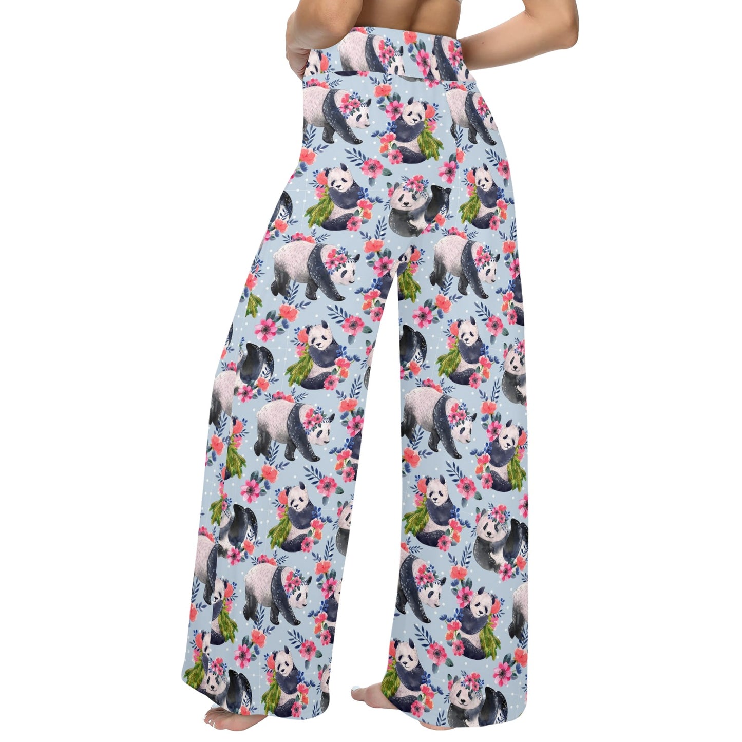 Panda Bear Flower Design Themed Print Women's Wide Leg Lounge Pants