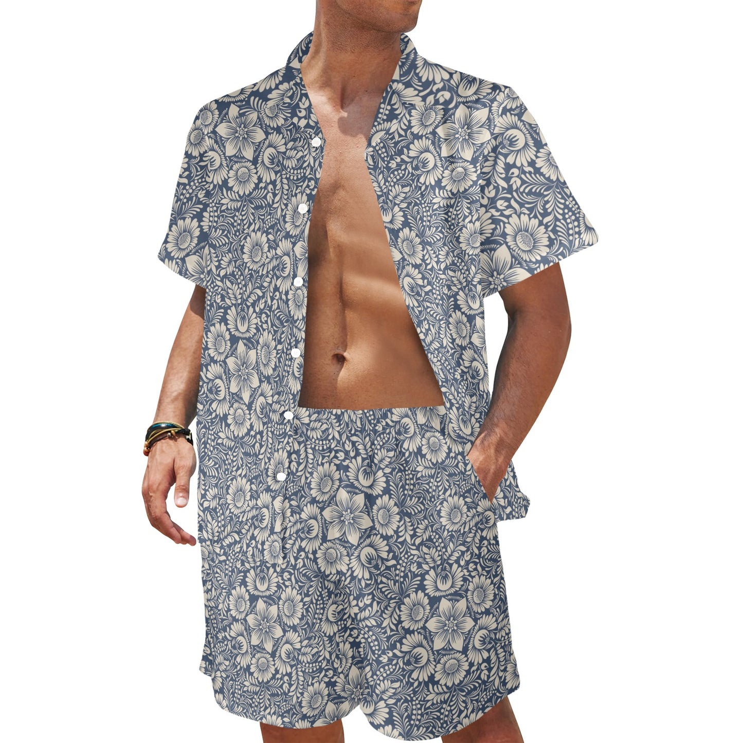 Elegant Floral Print Pattern Men's Beach Shirt and Shorts Set