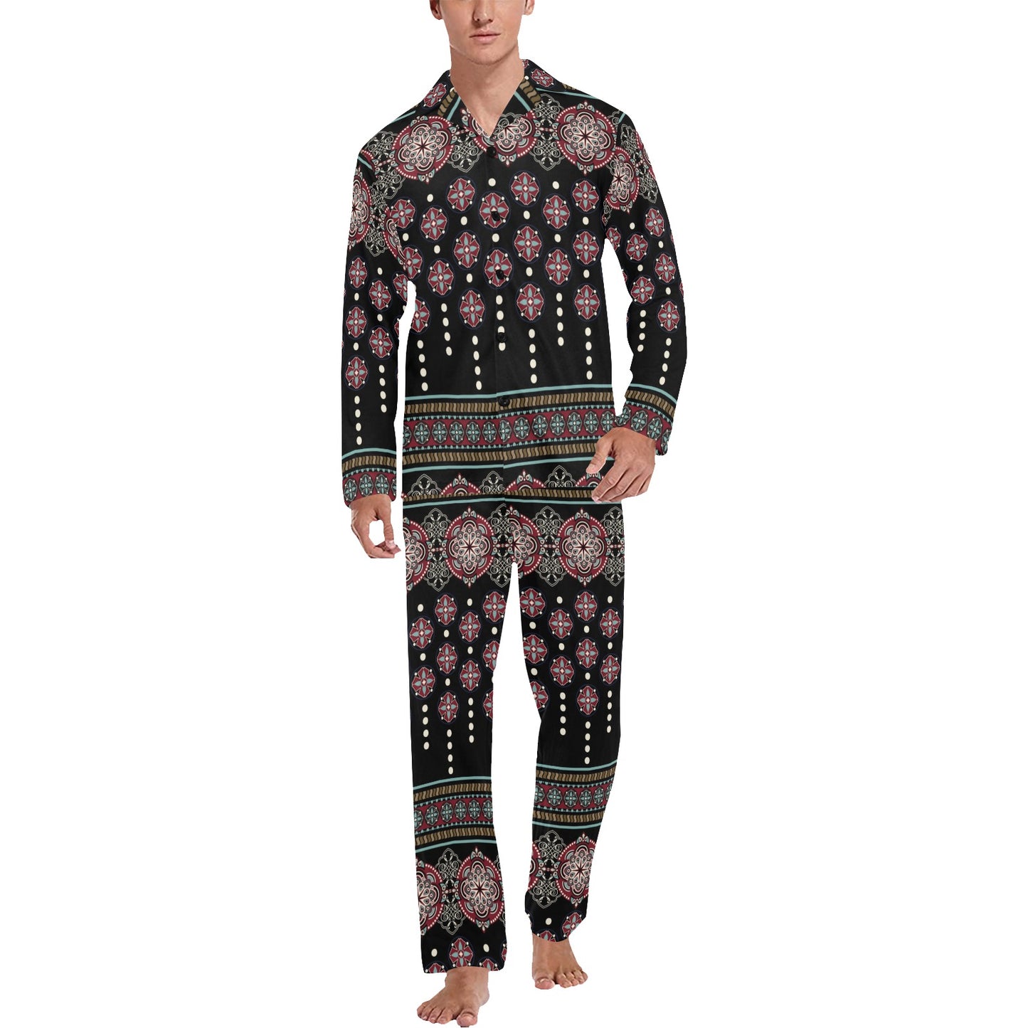 Ethnic Dot Style Print Pattern Men's Long Pajama Set