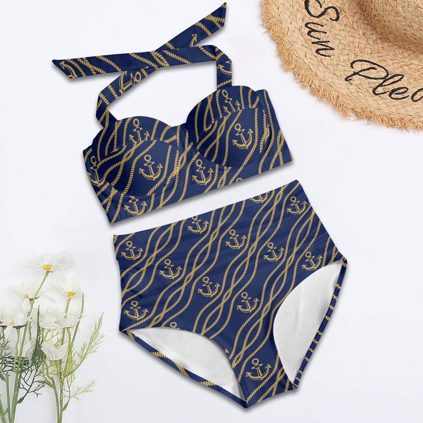 Nautical Anchor Rope Pattern Halter Neck Bikini Swimsuit