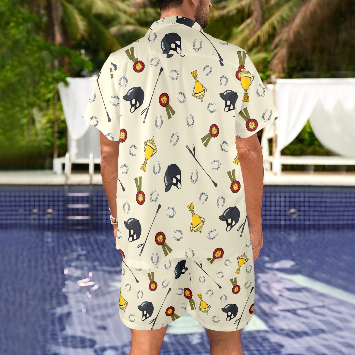 Equestrian Horseshoe Equipment Men's Beach Shirt and Shorts Set