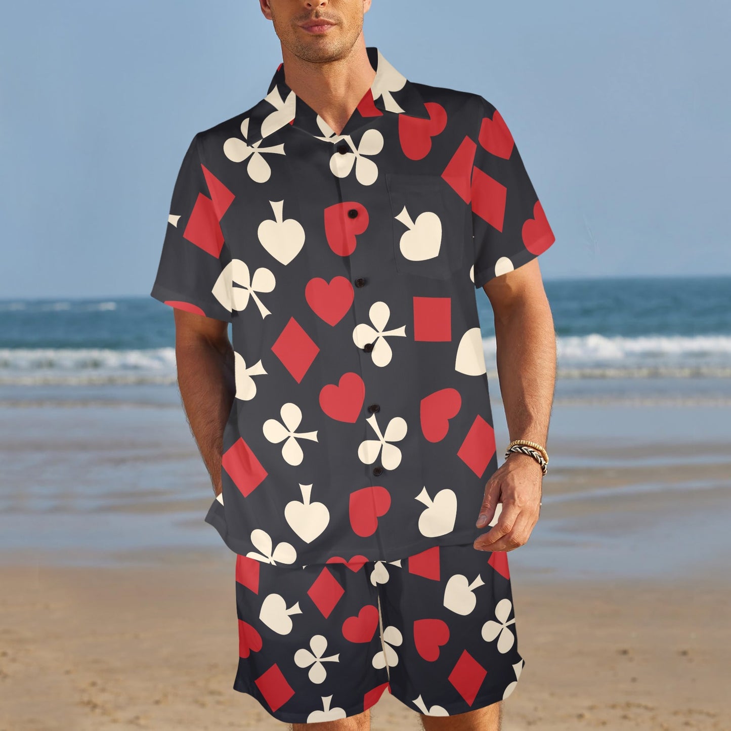 Poker Cards Pattern Print Design A02 Men's Beach Shirt and Shorts Set