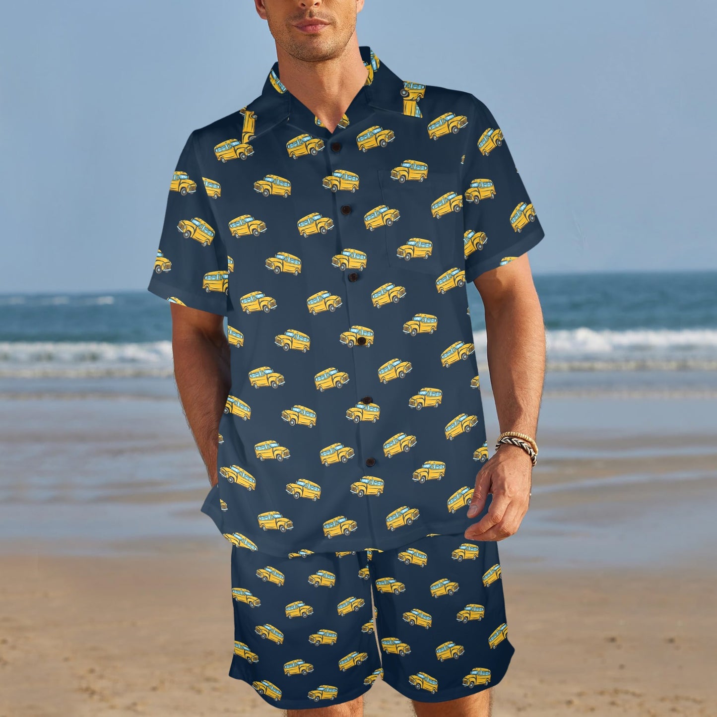 School Bus Print Design LKS304 Men's Beach Shirt and Shorts Set