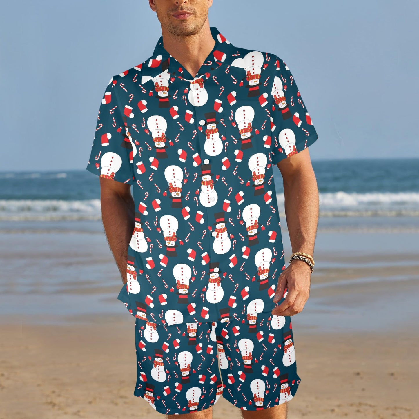 Snowman Print Design LKS301 Men's Beach Shirt and Shorts Set