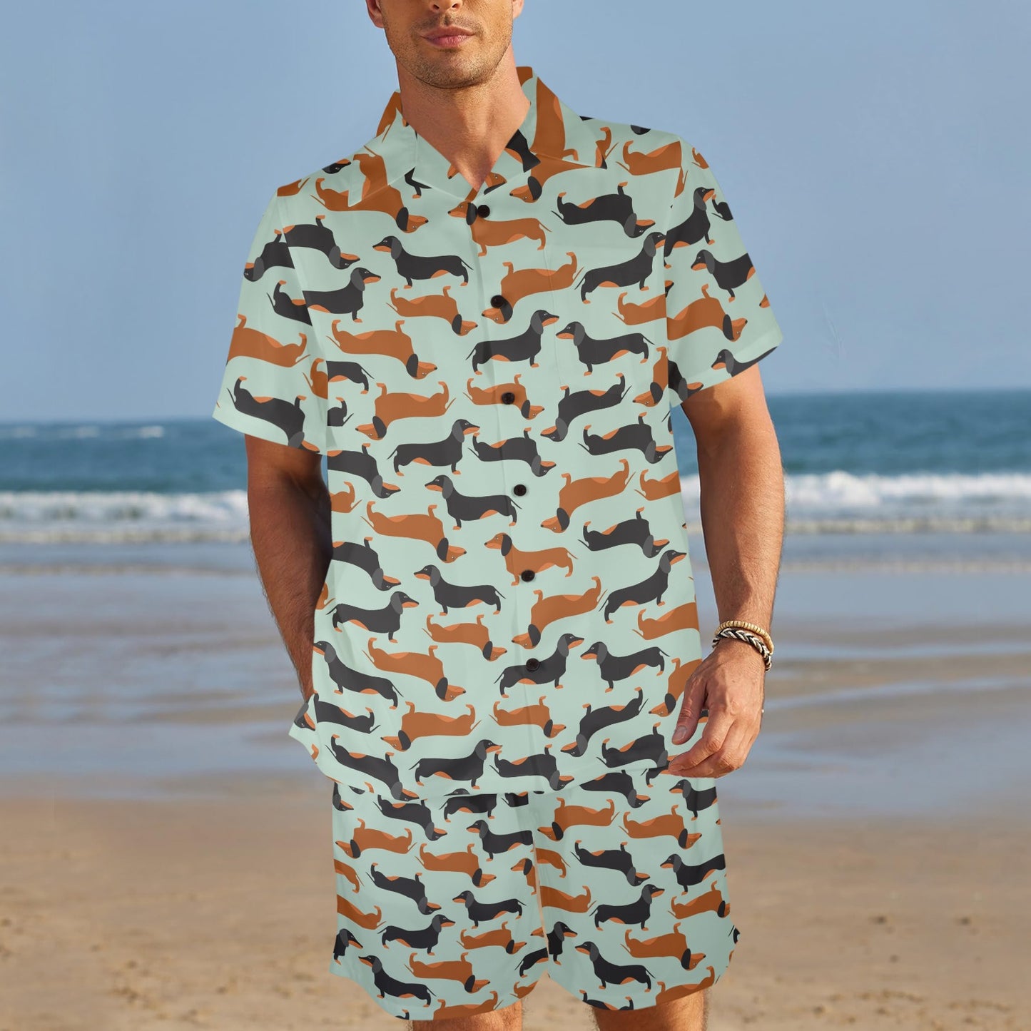 Dachshund Cute Print Pattern Men's Beach Shirt and Shorts Set