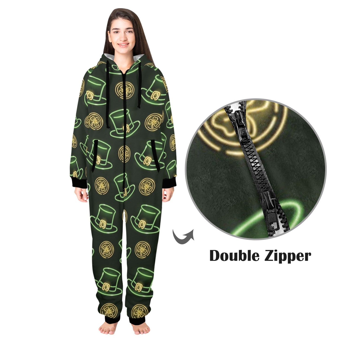 St Patricks Day Print Design LKS308 Hooded Fleece Onesie Pajama Jumpsuit