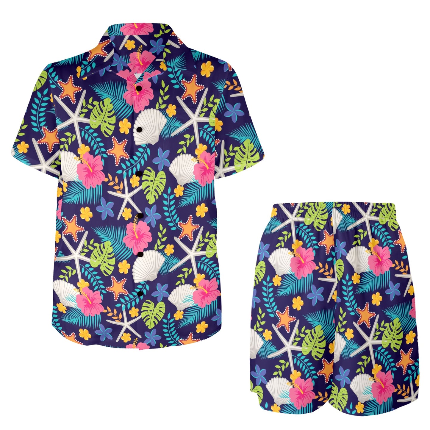 Beach Seashell Floral Theme Men's Beach Shirt and Shorts Set