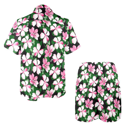 Hibiscus Pink Flower Hawaiian Print Men's Beach Shirt and Shorts Set
