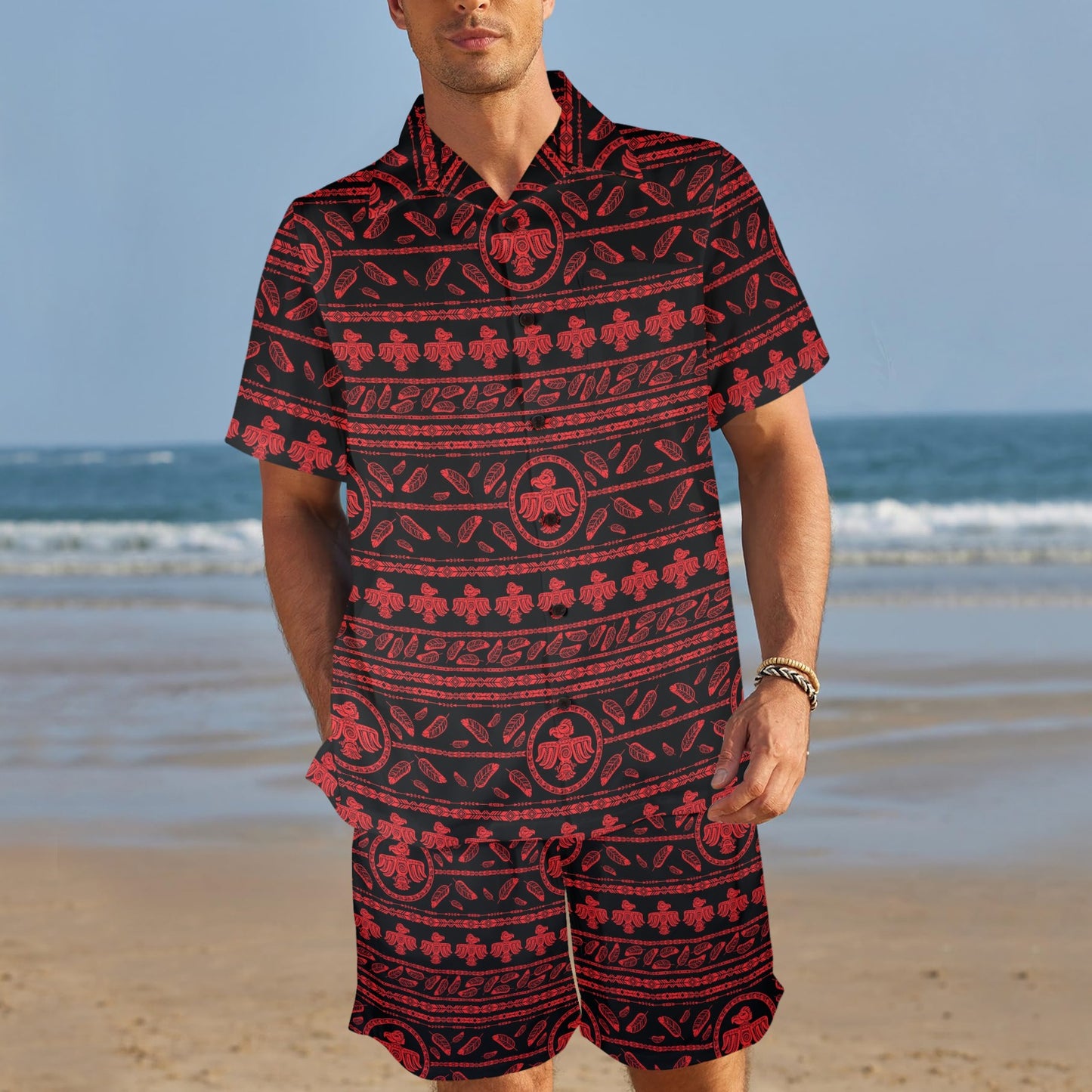 Native American Eagle Themed Print Men's Beach Shirt and Shorts Set