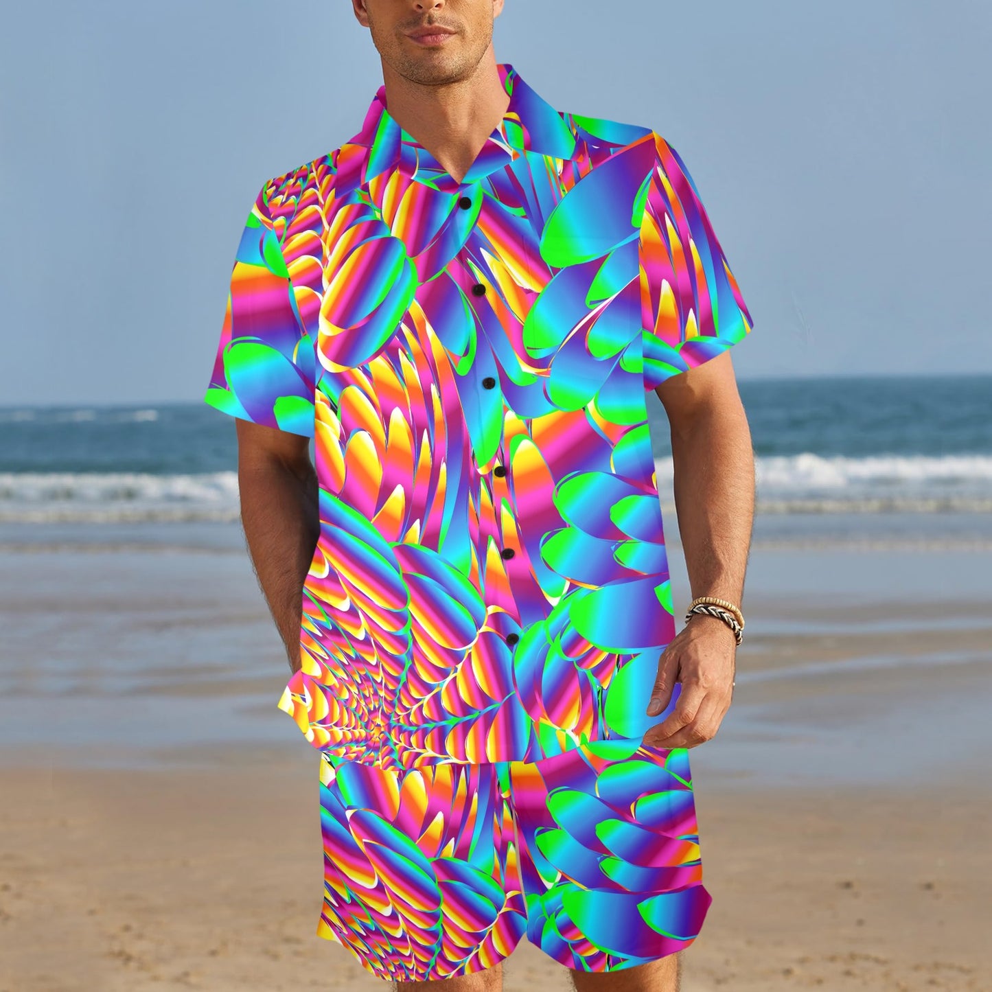 Psychedelic Trippy Pattern Men's Beach Shirt and Shorts Set