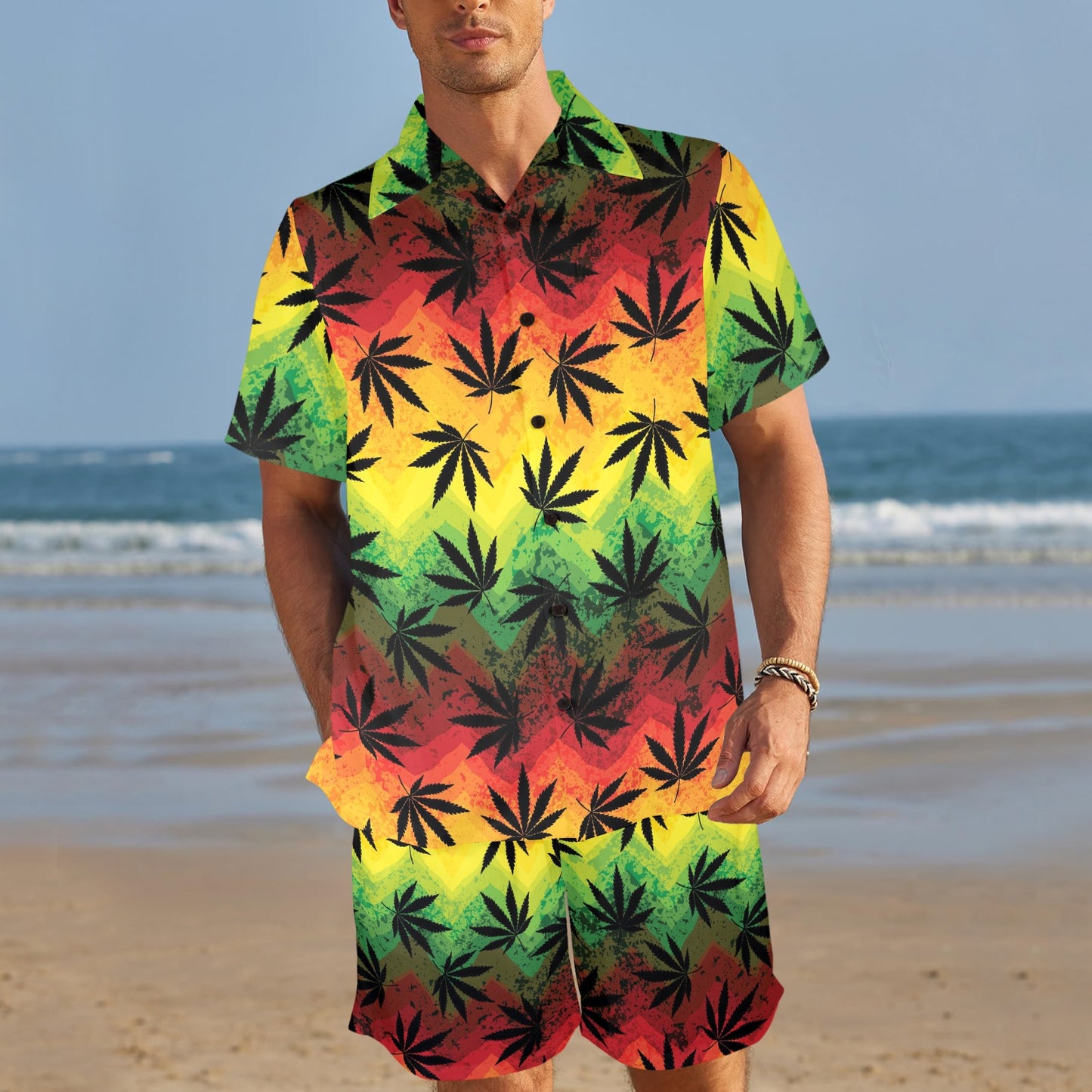Rasta Pattern Print Design A02 Men's Beach Shirt and Shorts Set