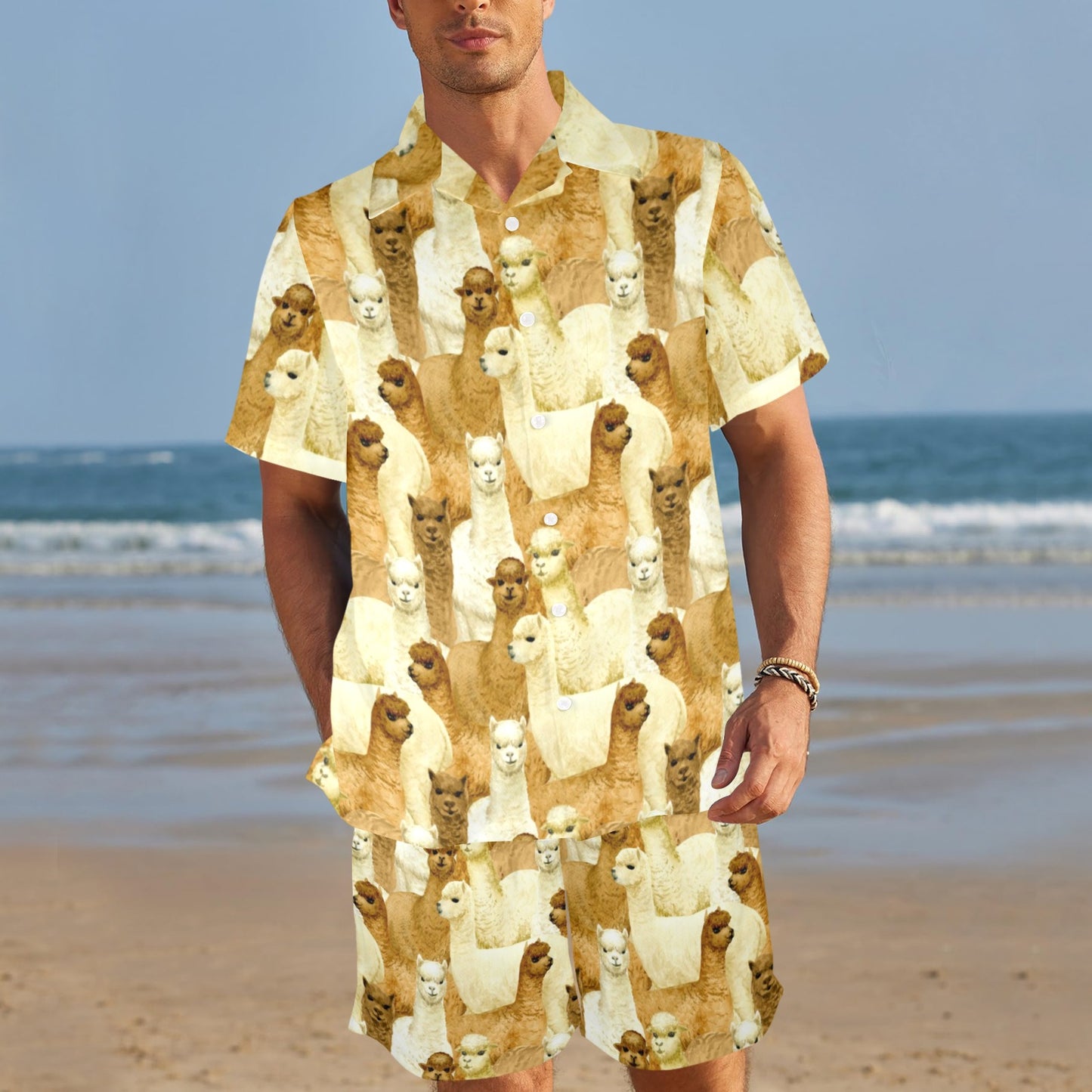 Alpaca Watercolor Design Themed Print Men's Beach Shirt and Shorts Set