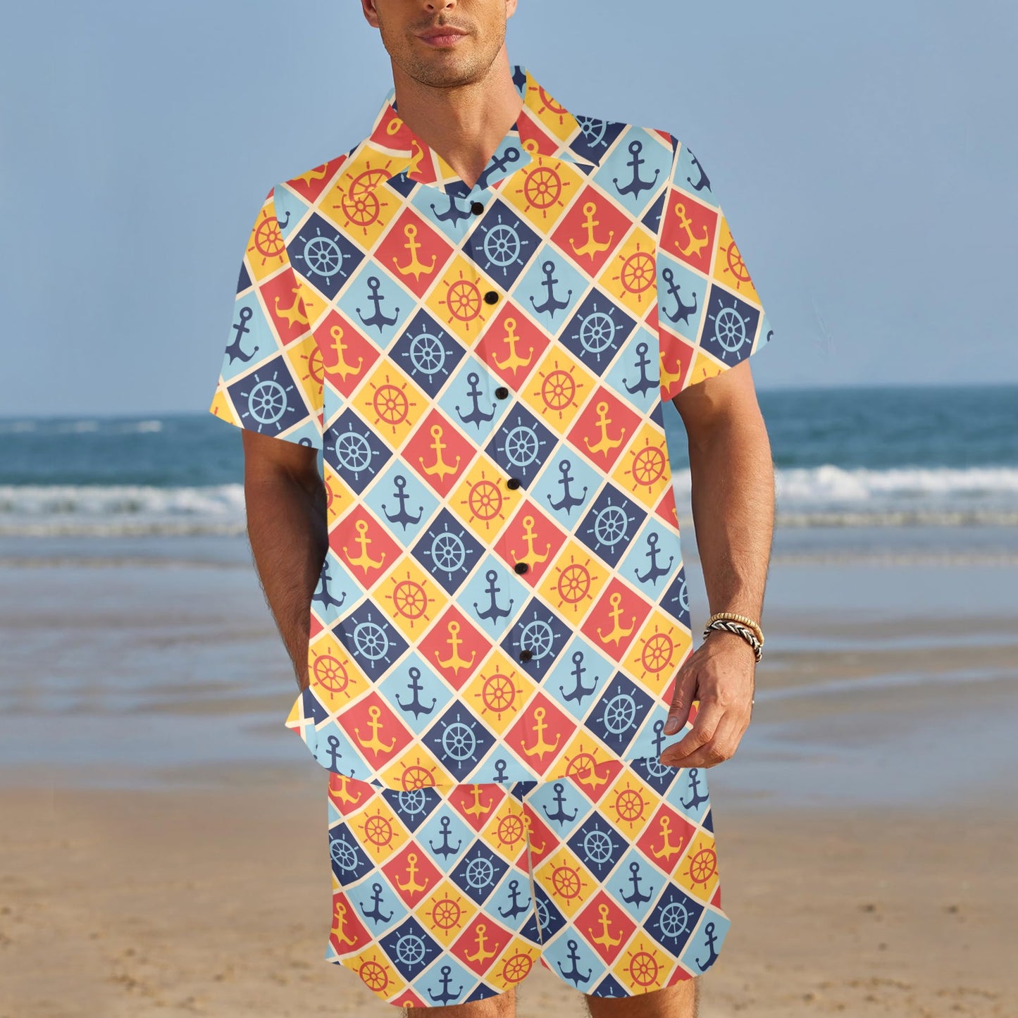 Nautical Pattern Design Themed Print Men's Beach Shirt and Shorts Set