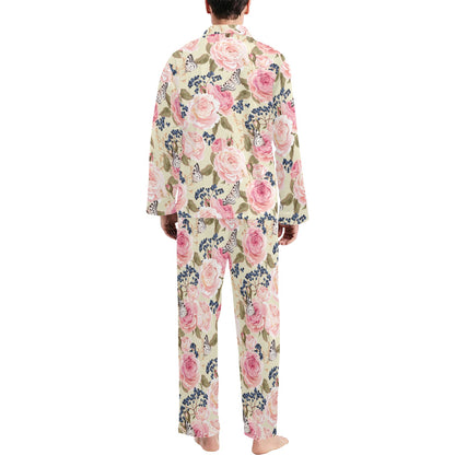 Floral Pink Butterfly Print Men's Long Pajama Set